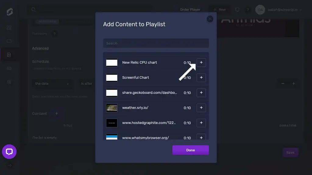 The popup modal to add the New Relic dashboard content to a playlist