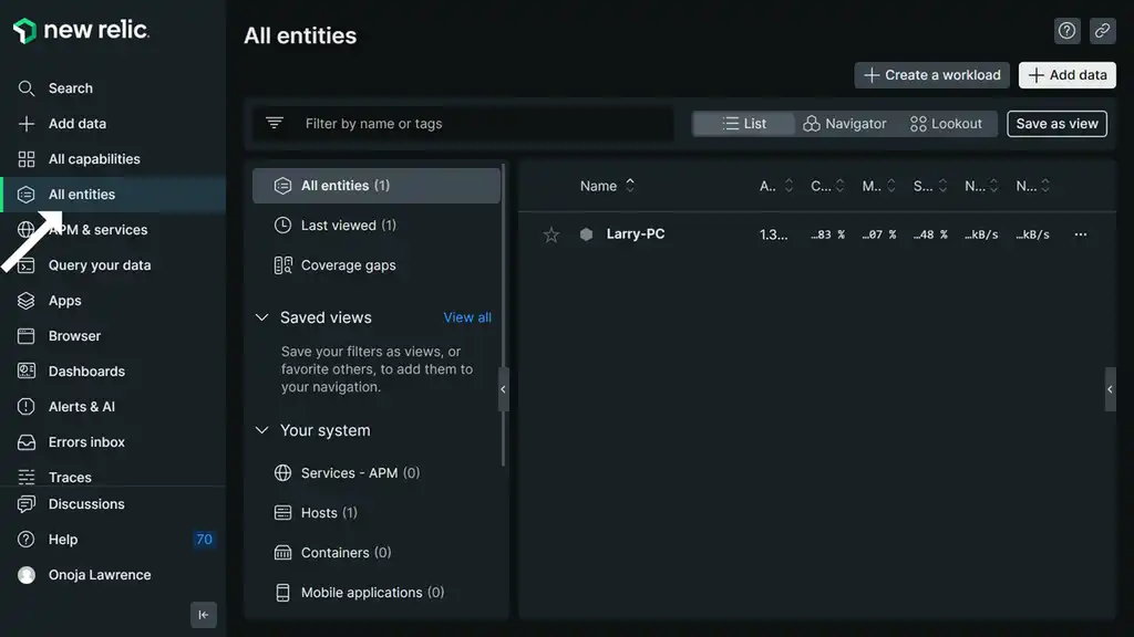 An image showing all user's New Relic entities with the left side-menu open