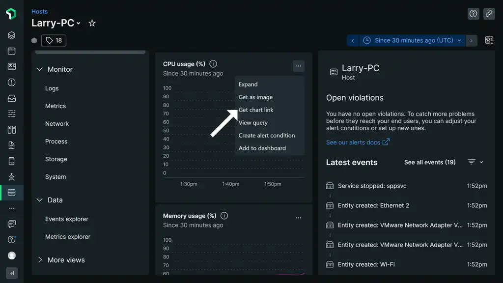 An image showing chart options for a selected New Relic chart