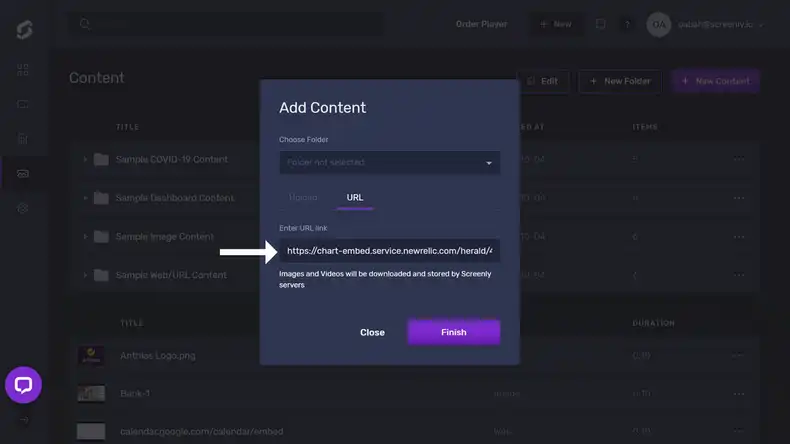 The popup modal to add the New Relic dashboard URL as a new content item.