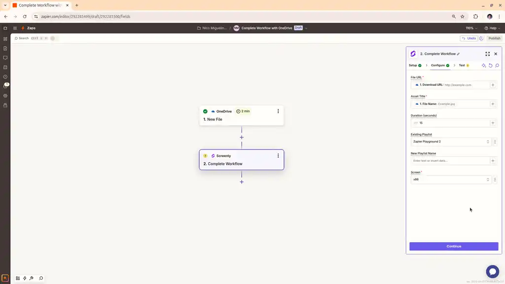 The OneDrive app configure stage in Zapier.