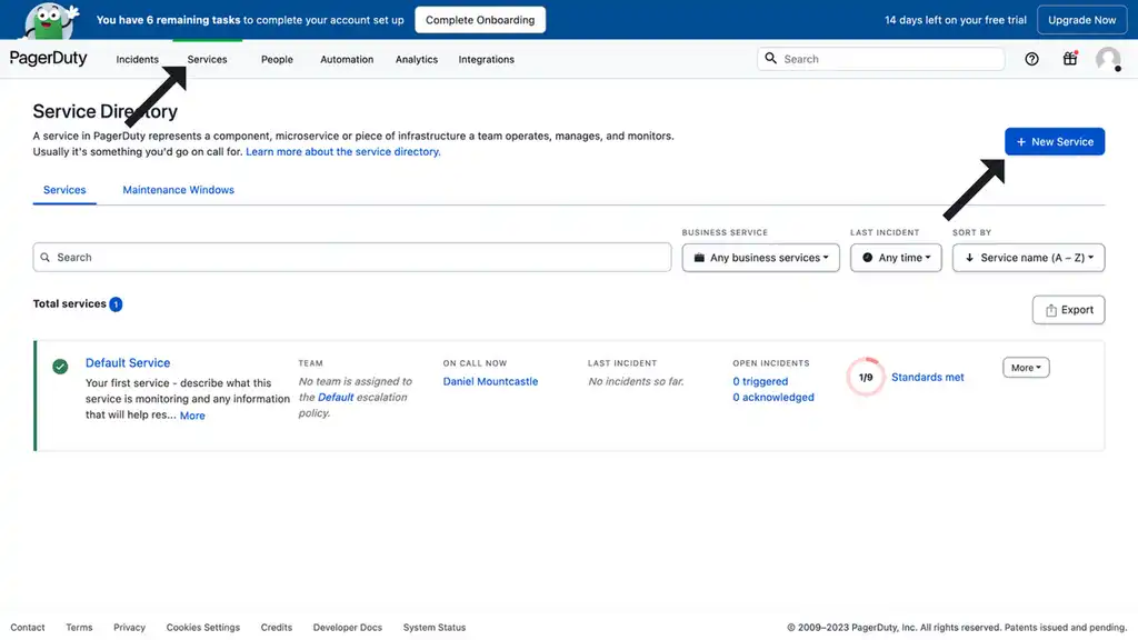 The PagerDuty Services setup page.