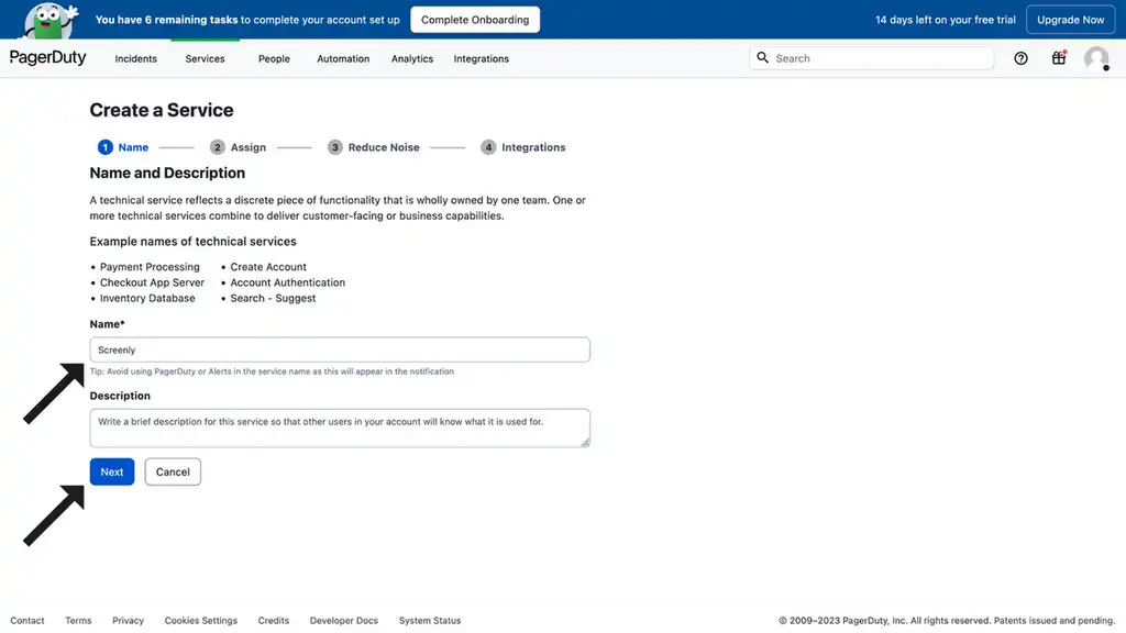 The PagerDuty Services name page.