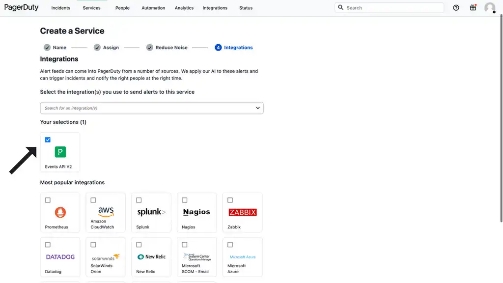 The PagerDuty Services Integrations page.