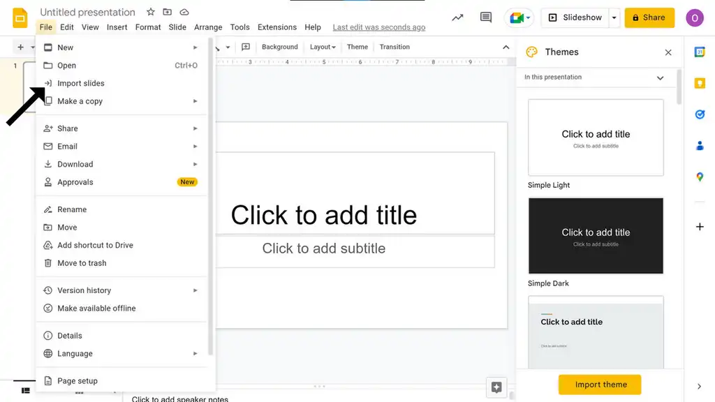 An image showing an empty Google slide with the File dropdown menu