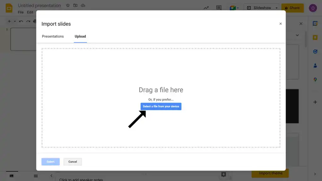An Image showing a pop-up modal to import files from local computer into Google slides