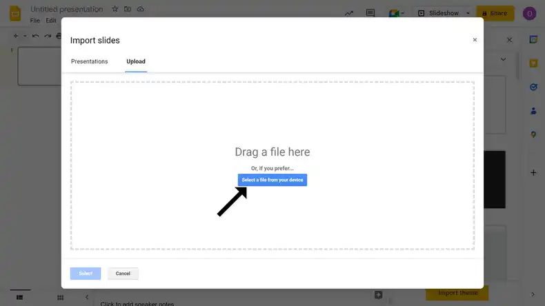 An Image showing a pop-up modal to import files from local computer into Google slides