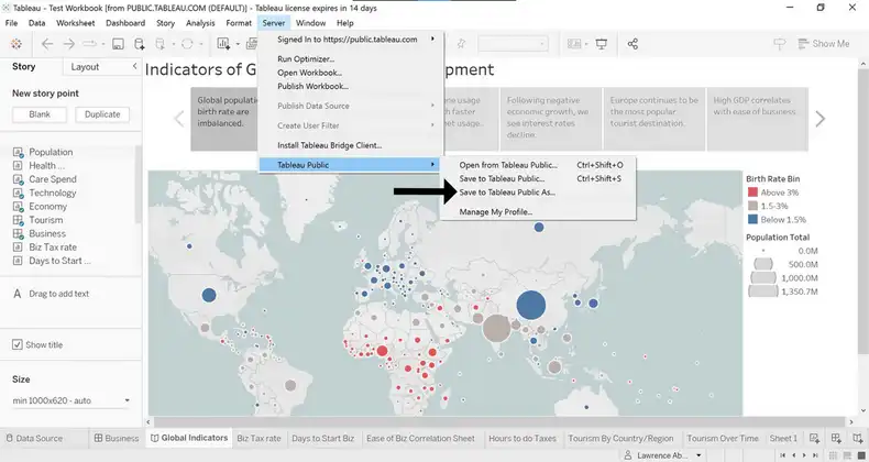 An image showing the Tableau workbook with the Server options open