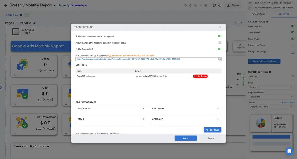 Getting the share link from the ReportGarden dashboard.