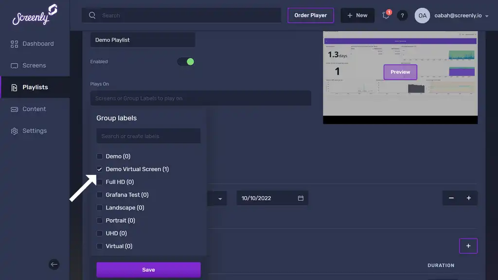 The Edit Playlist page showing a dropdown list of your screens