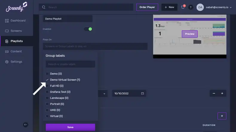The Edit Playlist page showing a dropdown list of your screens