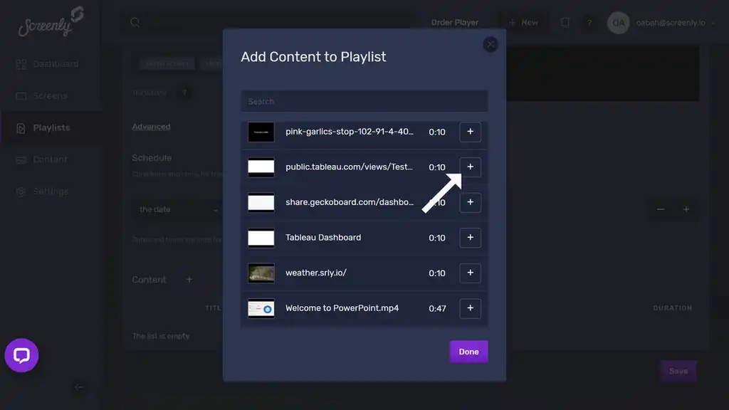 The popup modal to add the Tableau dashboard content to a playlist