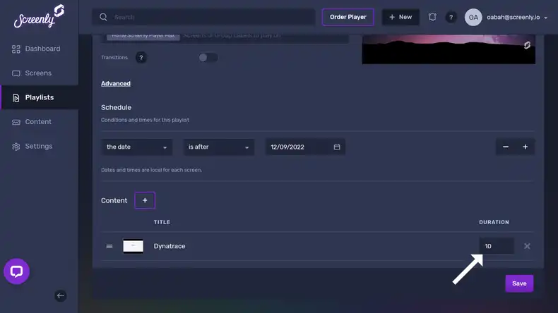 The popup modal to set the duration for the Dynatrace dashboard content in the playlist