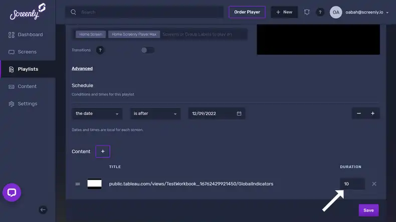 The popup modal to set the duration for the Tableau dashboard content in the playlist
