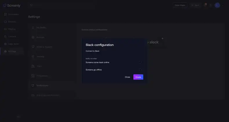 The Slack configuration modal on the Screenly interface.