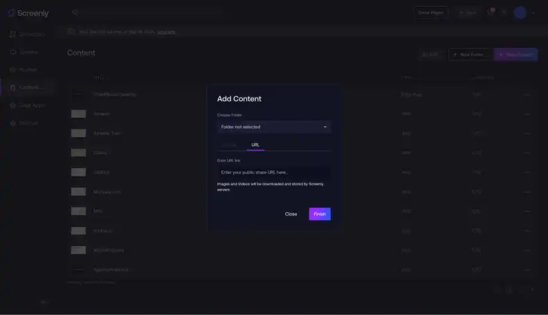 Adding content in the Screenly interface.