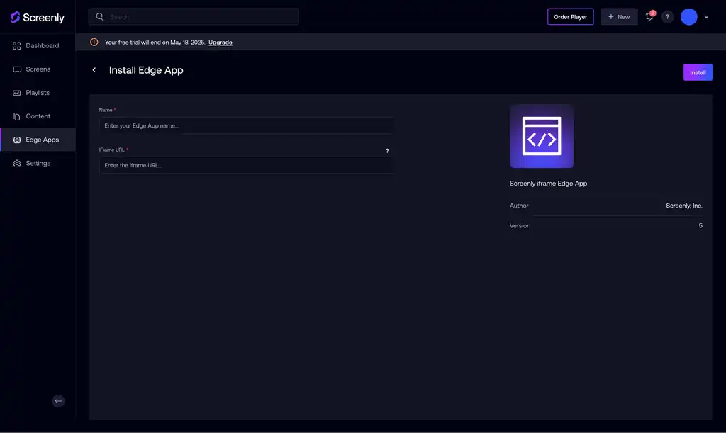 Add an Edge App in the Screenly interface.