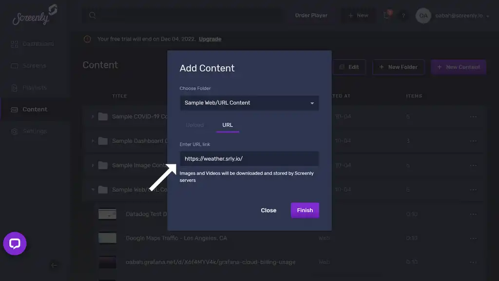 The popup modal to add the Weather App URL as a new content item.