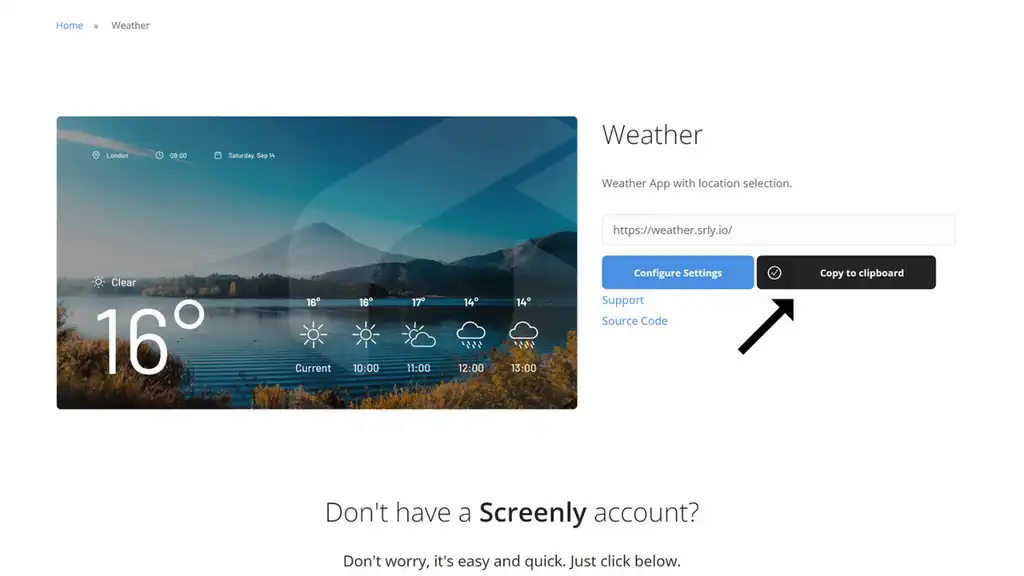 The Screenly Weather App configuration menu in the Screenly App Store.