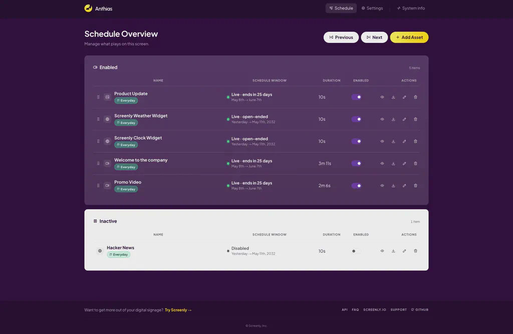 Anthias v2026.05.0 per-asset scheduling