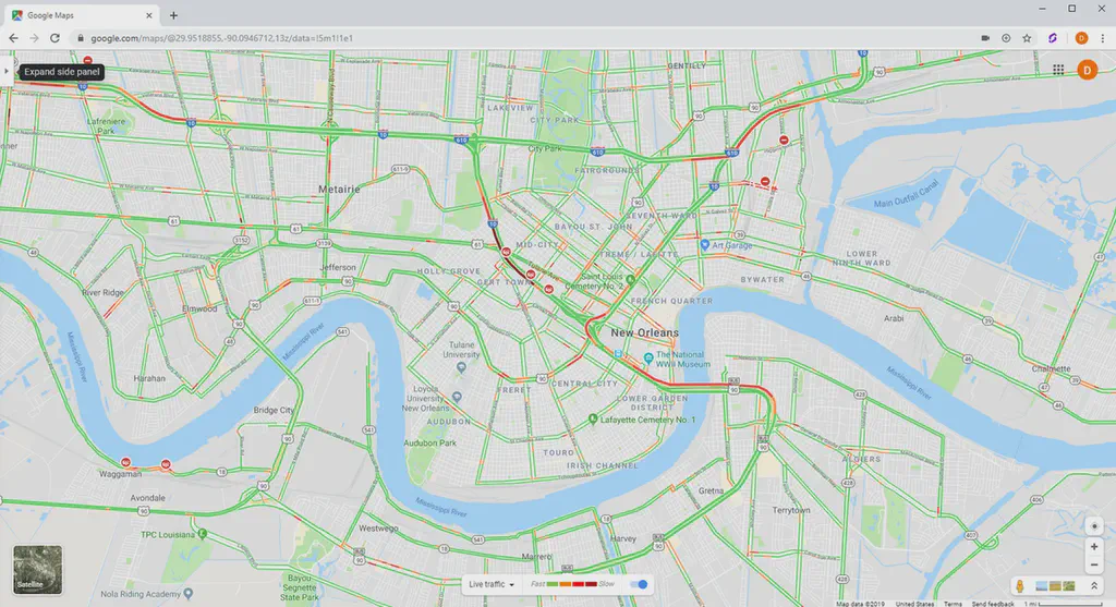 A screenshot of the Google Maps interface with a traffic-enabled map of New Orleans.