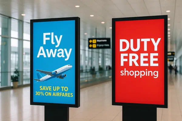 A row of digital signs running on digital signage devices in a modern clothing store displaying promotions.