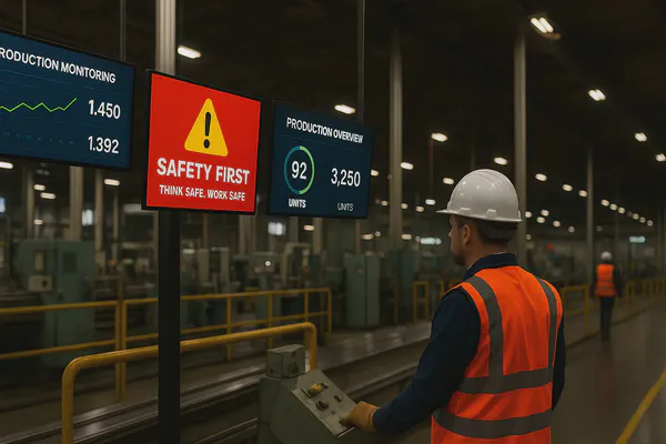 A man on a manufacturing line using a digital sign to check the status of the line.
