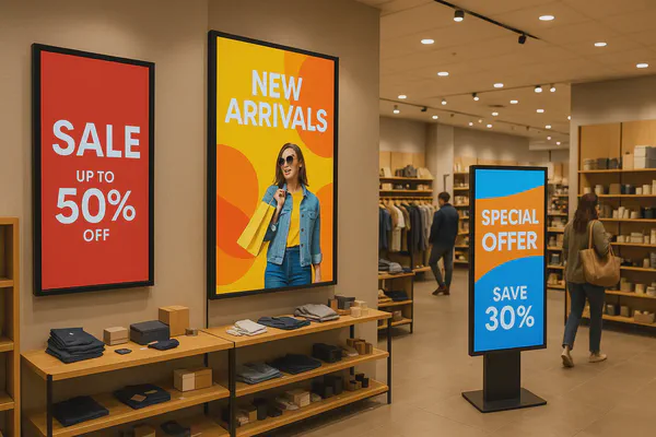 A digital signage program running digital signs in a brightly-lit retail store.