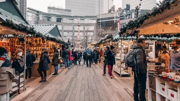 Outdoor retails stores at a holiday market.