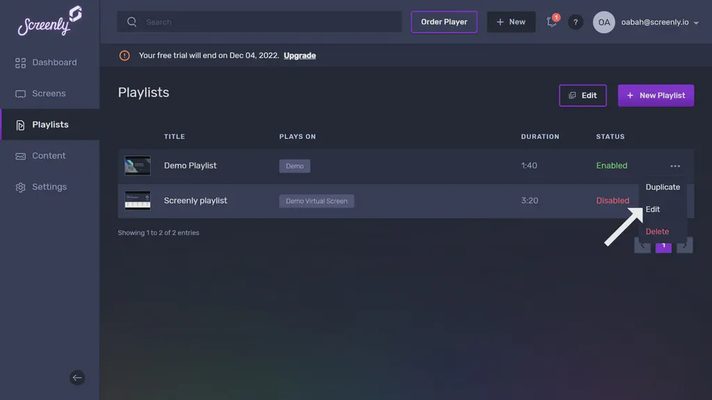 The Edit option tab in the playlist settings menu