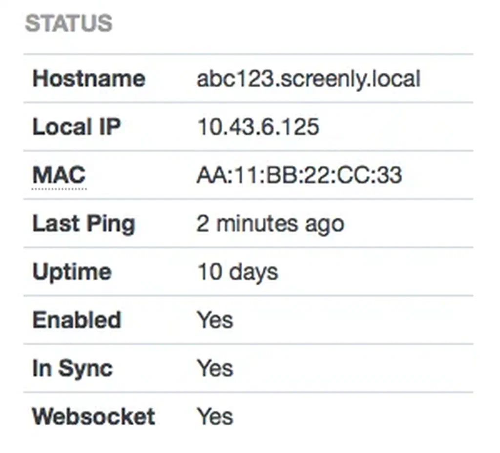 This is an image of the network status information for Screenly digital signage players.