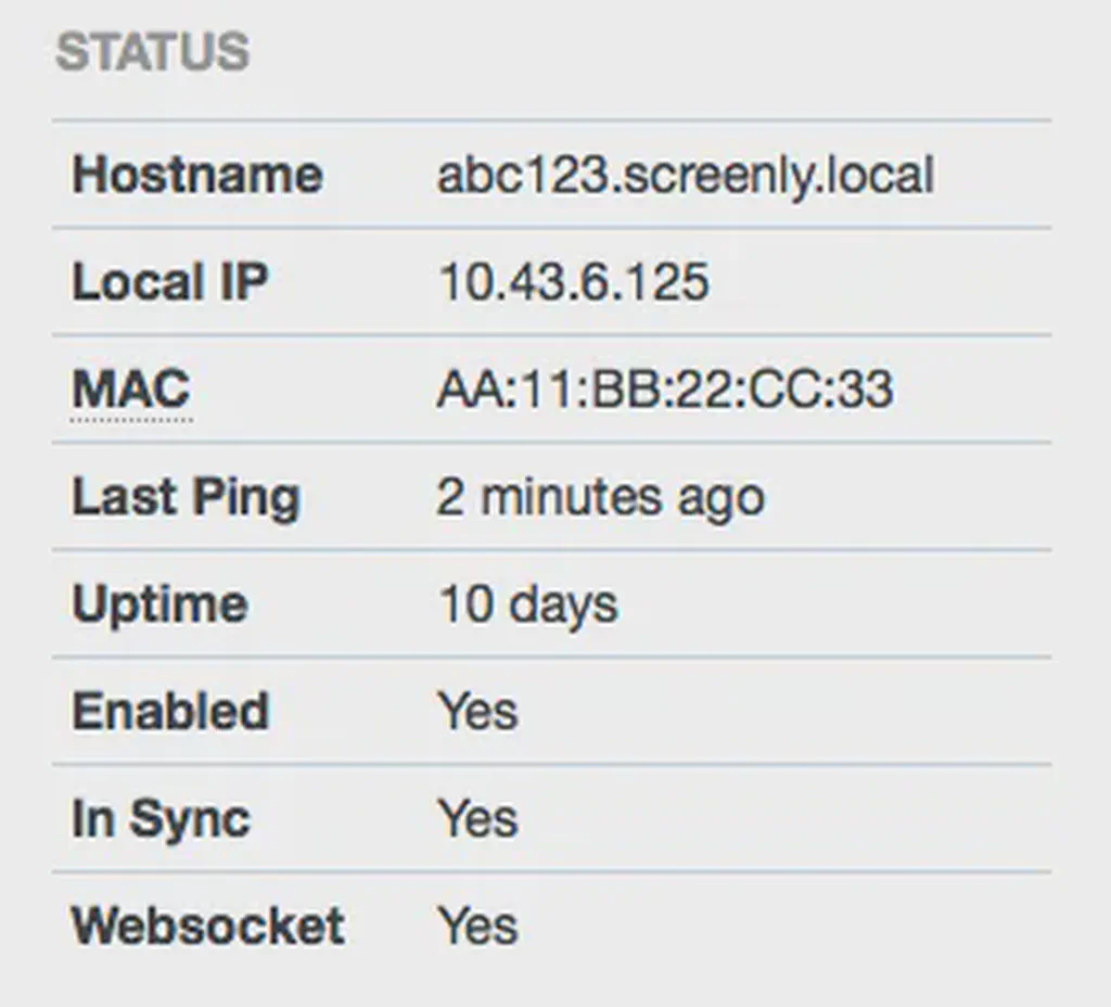 This is an image of the network status information for Screenly digital signage players.