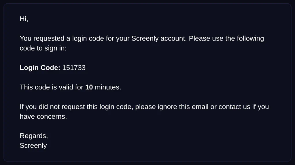 Email displaying a temporary one-time code required to complete sign-in.