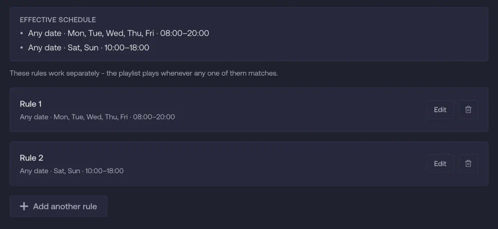 Effective schedule summary spelling out when the playlist plays