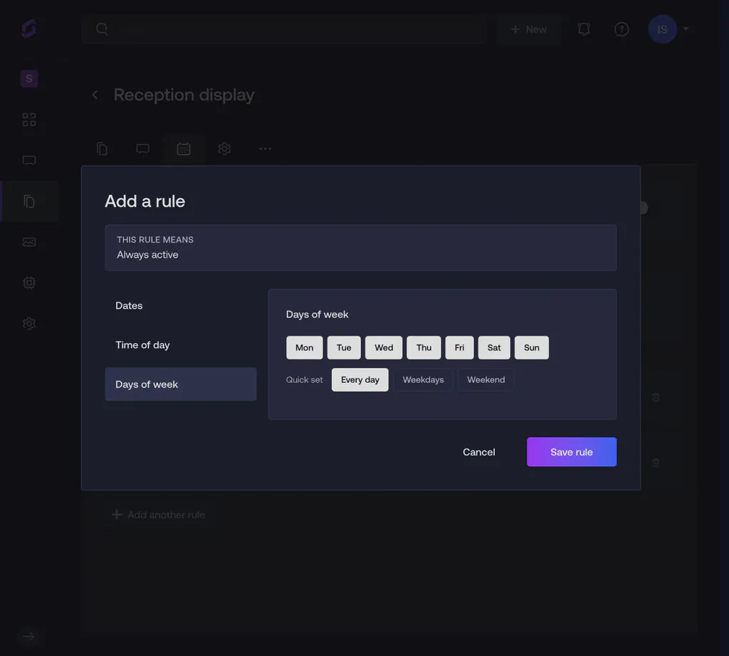 Rule editor dialog with Dates, Time of day and Days of week sections