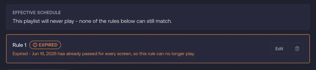 A scheduling rule marked Expired, with the effective schedule showing the playlist will no longer play