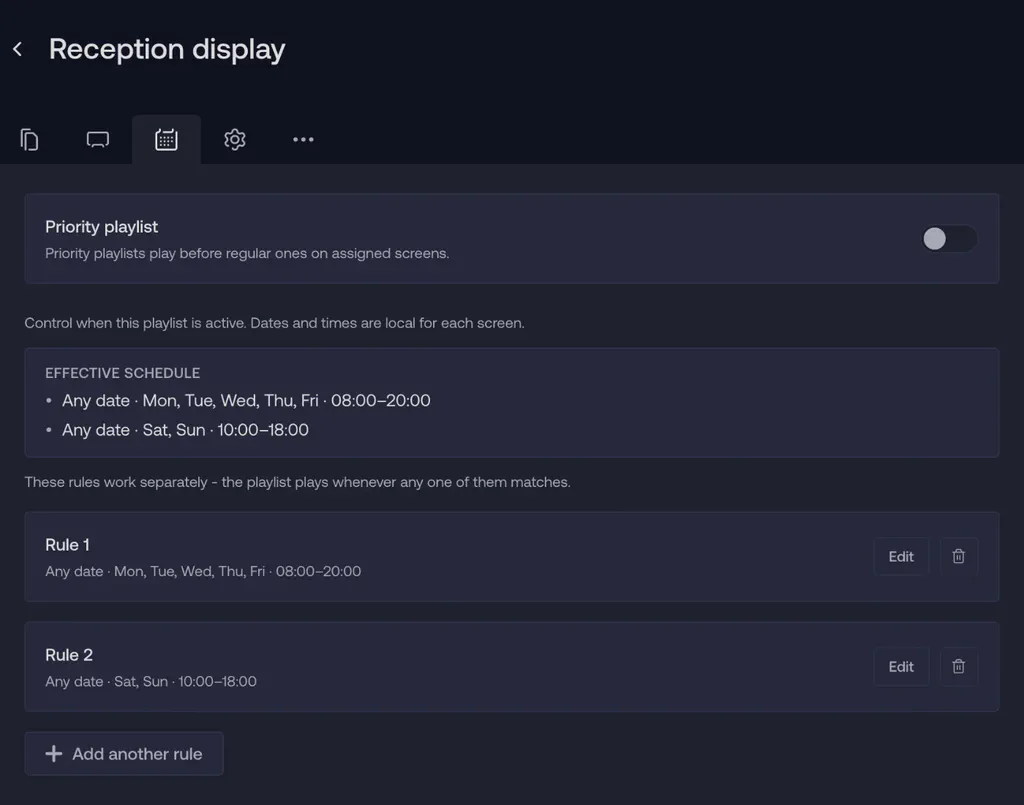 Schedule tab showing two scheduling rules and the effective schedule summary