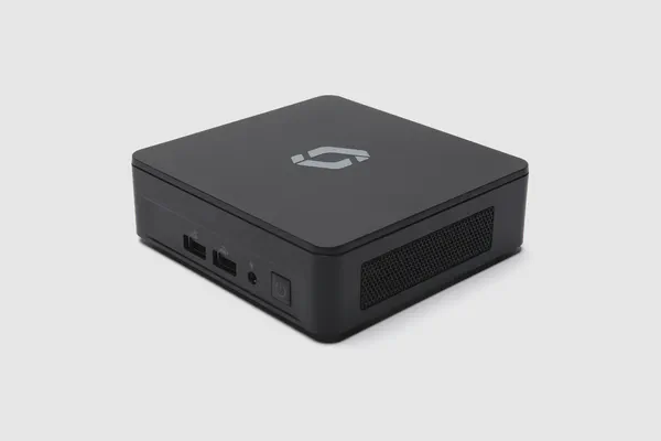 A side profile of the Screenly Player Max Mk II digital signage player device, showing some of the available ports.