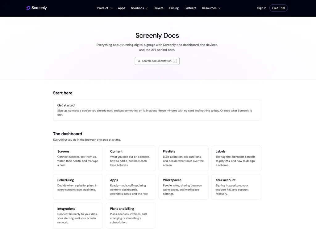 Screenly documentation home page at screenly.io/docs