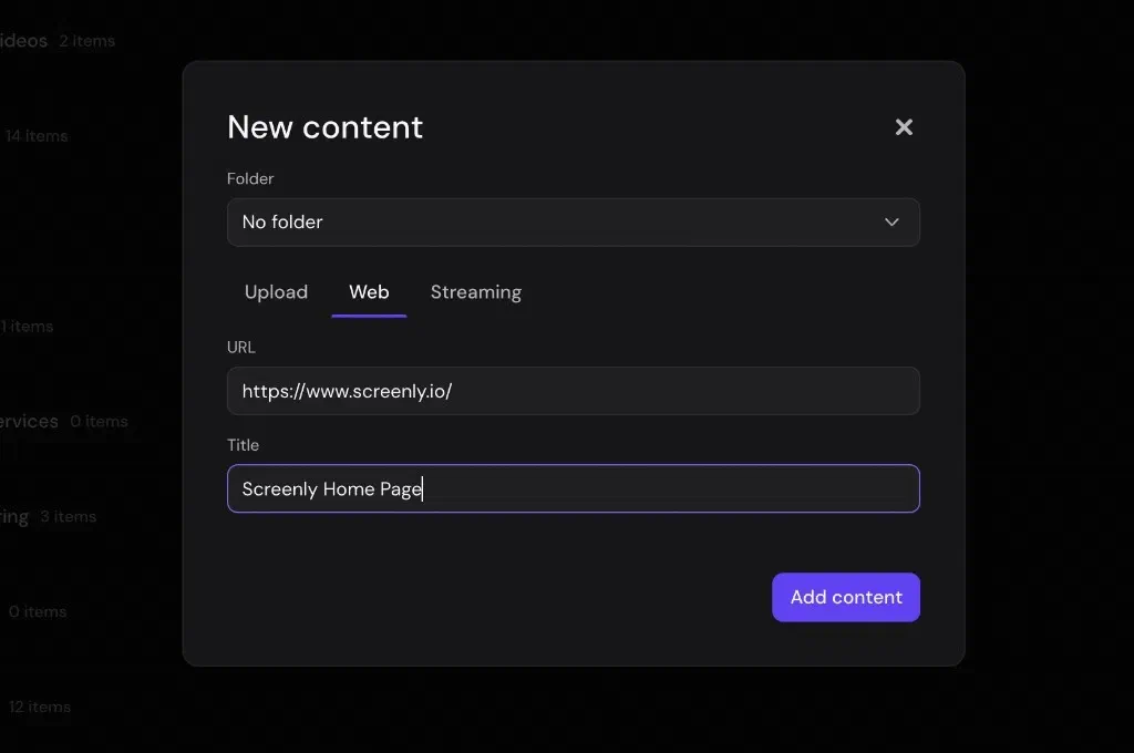 New content dialog with the Web tab open, showing a URL field and a Title field set to Screenly Home Page
