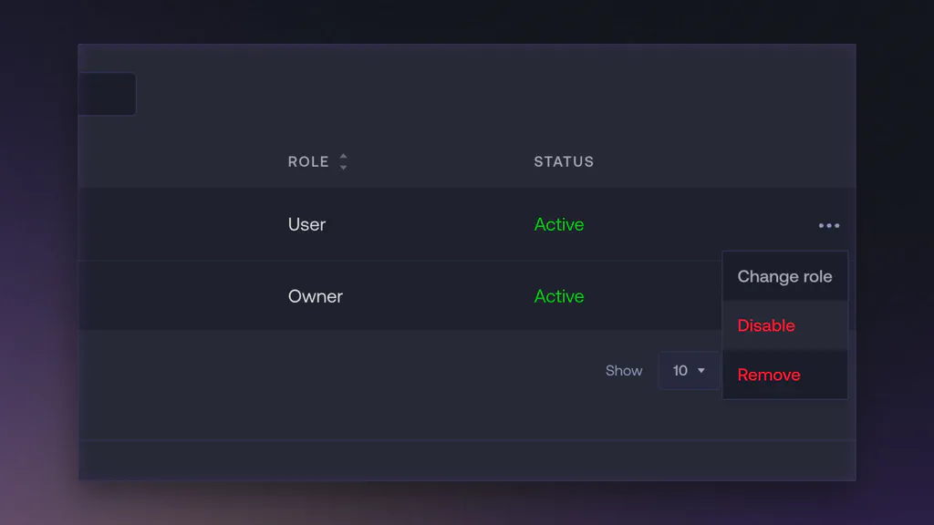 Members table row menu open, showing Change role, Disable, and Remove options