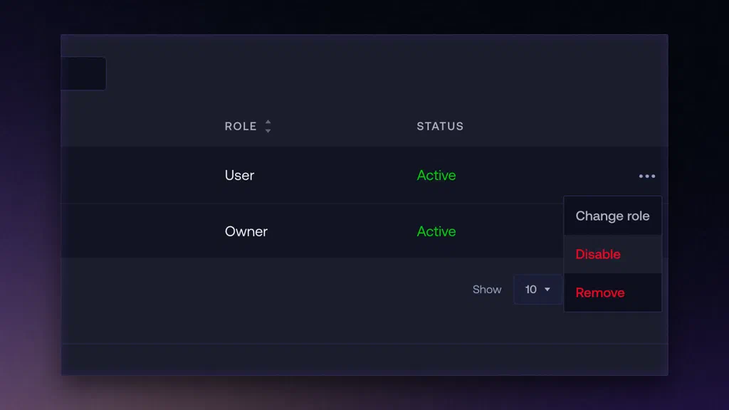 Members table row menu open, showing Change role, Disable, and Remove options