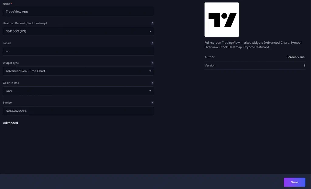 TradingView Widgets app configuration