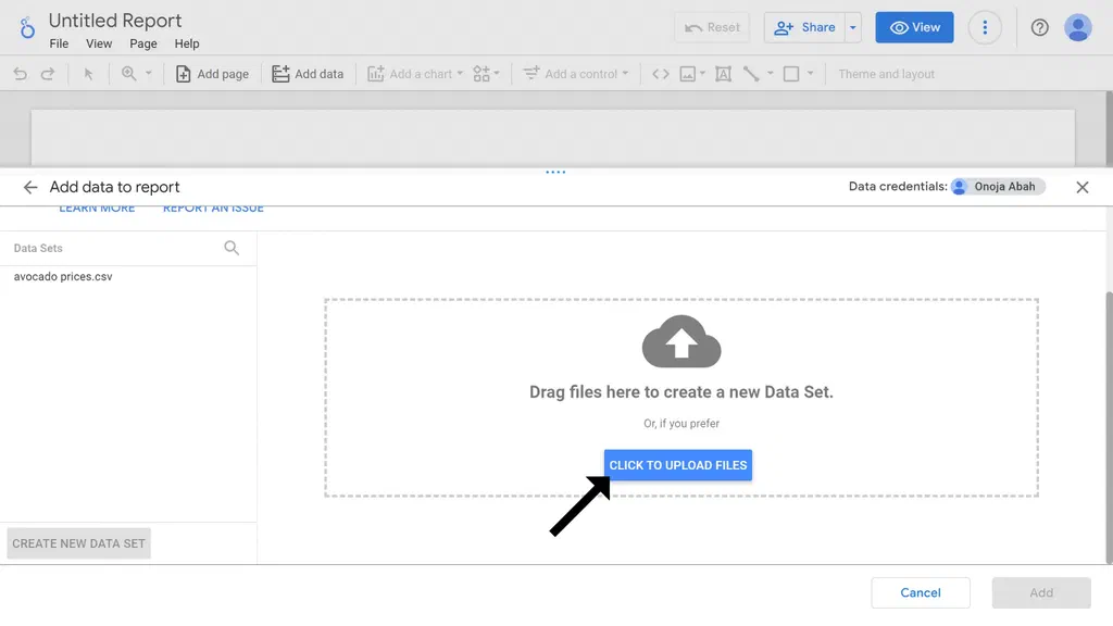 An image showing a pop-up modal in looker to upload files for report creating