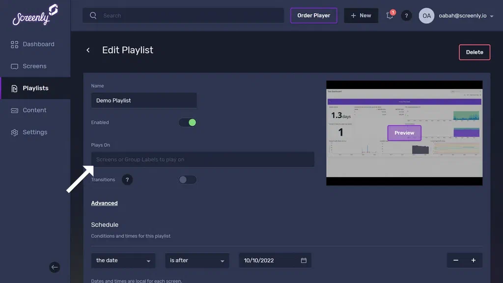 The Edit Playlist page showing input field for screens that will display the playlist.