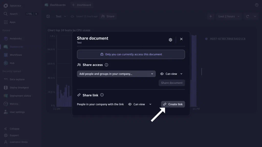 Dynatrace dashboard with dashboard sharing pop-up modal open