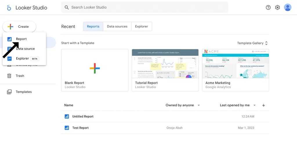 An image showing looker page with left-side menu and button to create report
