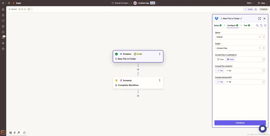 The Dropbox configuration stage in Zapier.