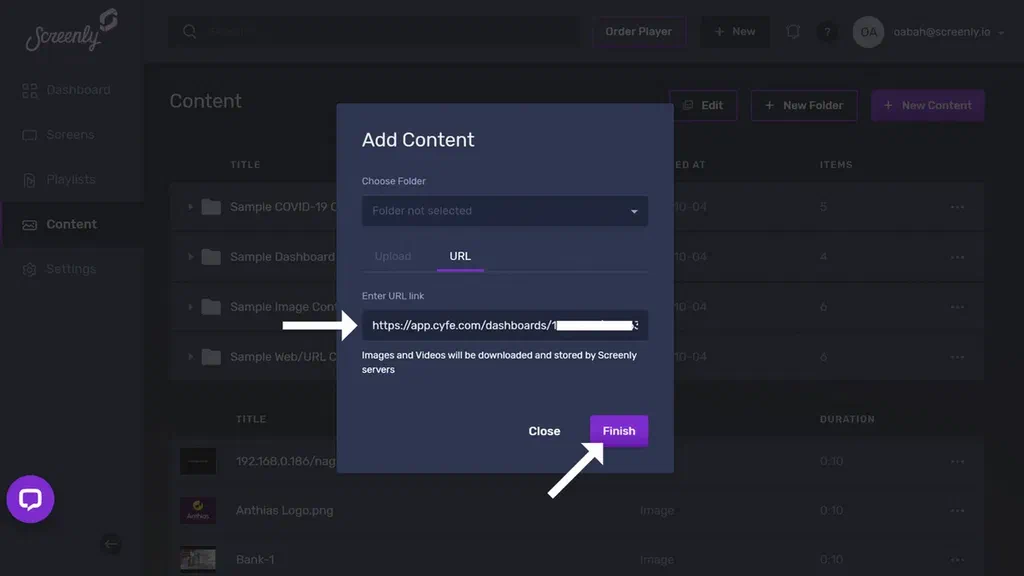 The popup modal to add the Cyfe dashboard URL as a new content item.