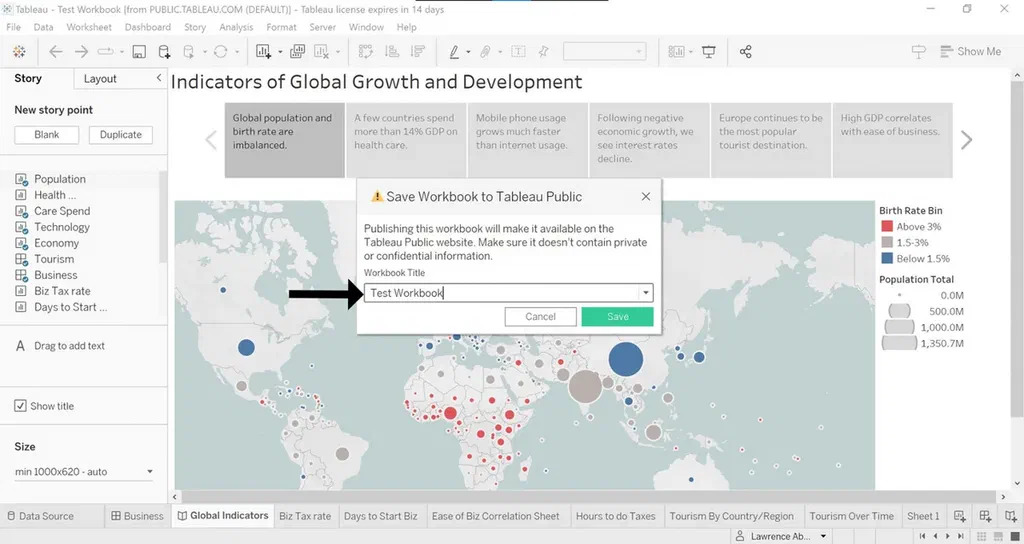 An image showing the Tableau workbook with a pop-up modal to name the public workbook